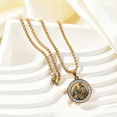 201 Stainless Steel Micro Pave Clear Cubic Zirconia Flat Round Pendant Box Chain Necklaces for Men NJEW-S387-03G-1