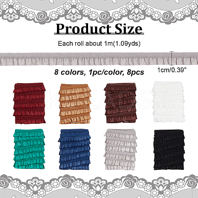 8Pcs 8 Colors 1M Polyester Ruffled Elastic Lace Trim OCOR-NB0001-93B-1
