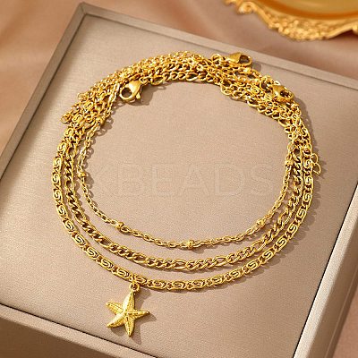 Summer Beach 304 Stainless Steel Starfish Charms 3 Layer Anklets for Women LS-AJEW-F068-01G-1