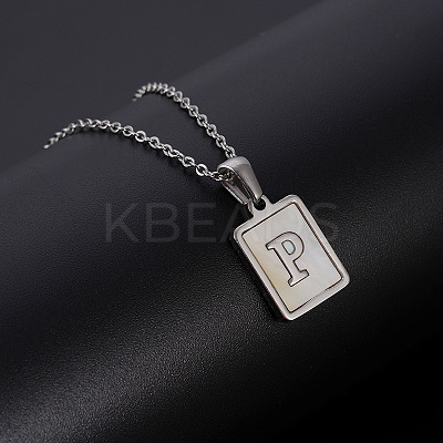 Rectangle Stainless Steel Pave Natural White Shell Pendant Necklaces FS-WG3D812-16-1