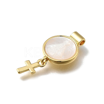 Brass Pave Natural White Shell Flat Round with Cross Pendants KK-C090-40G-1