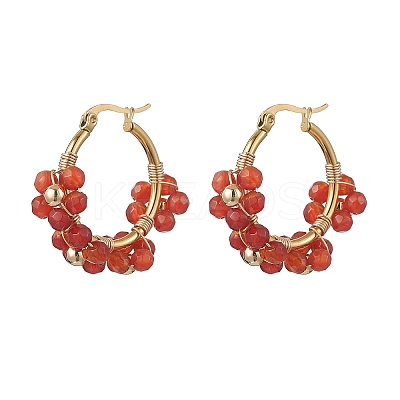 Flower Brass & Natural Carnelian Hoop Earrings EJEW-TA00781-01-1
