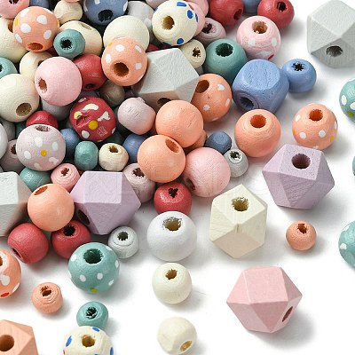 256Pcs 6 Styles Spray Painted Natural Maple Wood Beads WOOD-FS0001-10-1