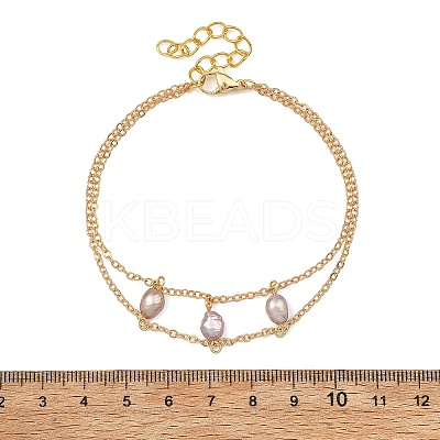 Brass Cable Chains & Rice Natural Cultured Freshwater Pearl Double Layers Bracelets for Women BJEW-JB14135-1
