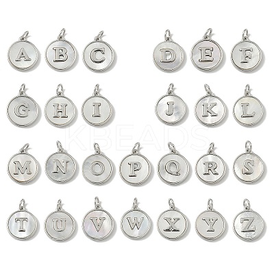 Brass Pave Natural Shell Flat Round with Letter A~Z Charms KK-Z115-13P-1