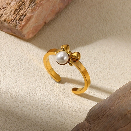 304 Stainless Steel Plastic Pearl Open Cuff Ring for Women RJEW-Z088-05G-1