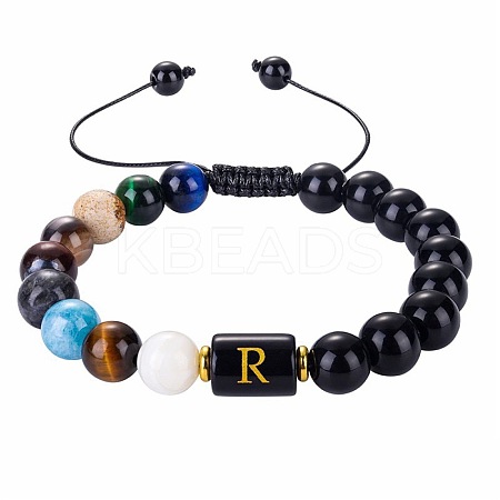 10MM Natural Black Obsidian Alphabet Beaded Braided Bracelets TO2319-18-1