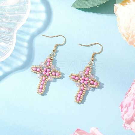 304 Stainless Steel Glass Seeds Cross Dangle Earrings EJEW-MZ00506-04-1