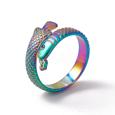 Ion Plating(IP) 304 Stainless Steel Ring Arowana Fish Wrap Open Cuff Ring for Women RJEW-C045-21M-1