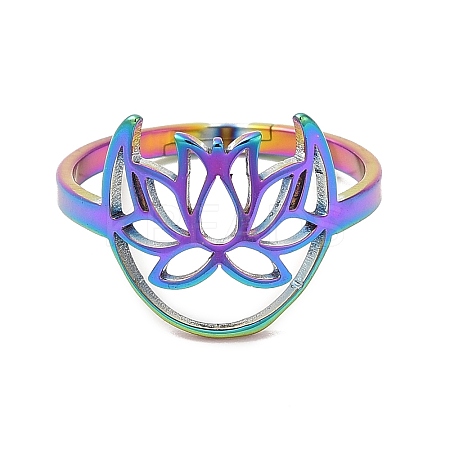 Ion Plating(IP) 304 Stainless Steel Hollow Lotus Adjustable Ring for Women RJEW-M149-30RC-1