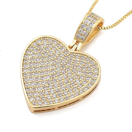 Brass Micro Pave Clear Cubic Zirconia Box Chain Heart Pendant Necklaces for Women LS-NJEW-M009-02G-C-1