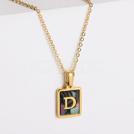 304 Stainless Steel Pave Natural Paua Shell Rectangle Initial Pendant Necklaces for Women FS-WG38E89-04-1