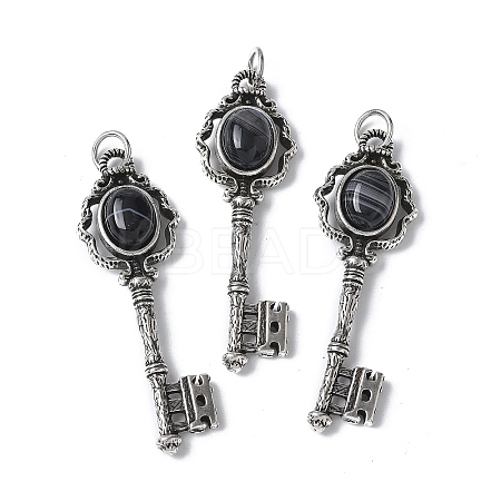 Key Brass Natural Black Agate Big Pendants KK-D361-01AS-20-1