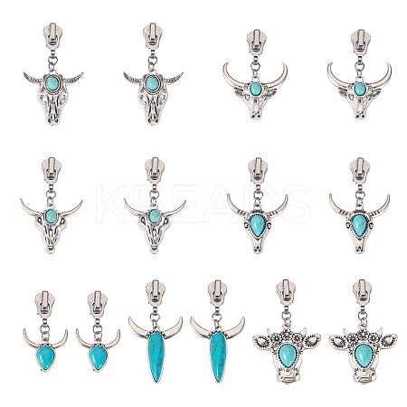 14Pcs 7 Styles Cattle Head Alloy & Synthetic Turquoise Zipper Sliders HJEW-TAC0102-1
