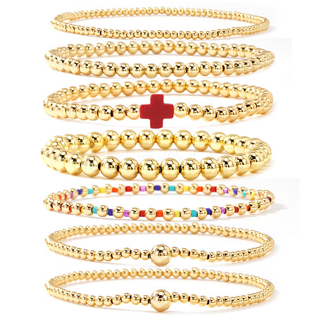 7Pcs Brass Round Beaded Bracelets for Women SB9067-2-1