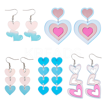 3 pairs 3 style Acrylic Heart Dangle Stud Earrings with Steel Iron Pins for Women EJEW-FI0001-65-1