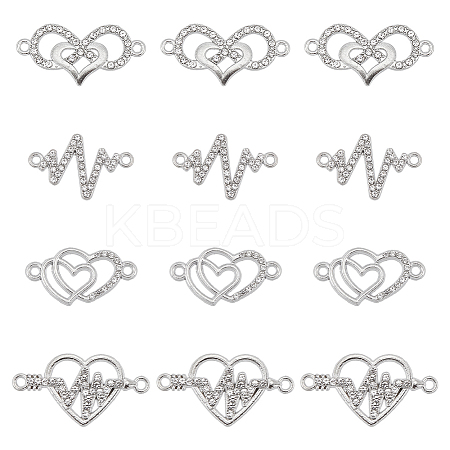 40Pcs 4 Styles Heart Theme Alloy Rhinestone & Cubic Zirconia Connector Charms RB-SC0001-11-1