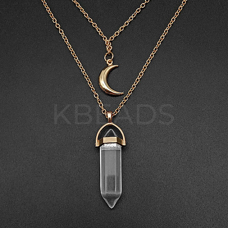Natural Quartz Crystal Cone Pendant Double Layer Necklace UX9990-26-1