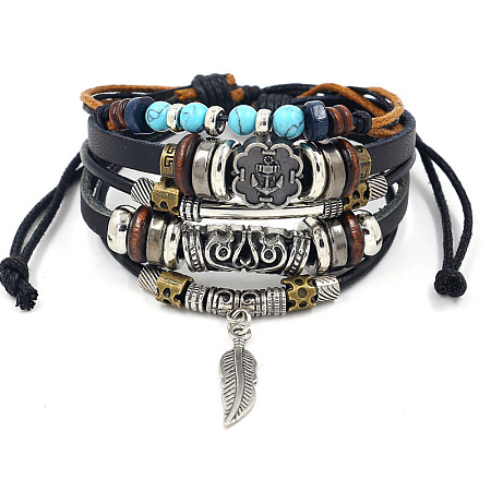 Fashionable multi-layer alloy beaded turquoise woven bracelet with simple butterfly decoration leather bracelet AO9489-1-1