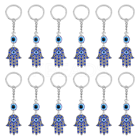 12Pcs Hamsa Hand with Evil Eye Alloy Rhinestones Keychains KEYC-DC0001-25-1