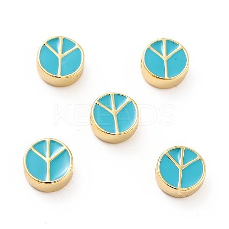 Flat Round with Peace Sign Brass Enamel Beads KK-G419-05G-06-1