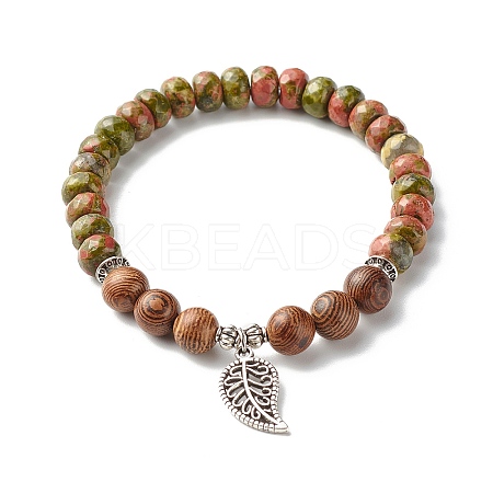 Reiki Natural Unakite & Wenge Wood Beads Stretch Bracelet BJEW-JB06896-05-1