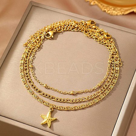 Summer Beach 304 Stainless Steel Starfish Charms 3 Layer Anklets for Women LS-AJEW-F068-01G-1