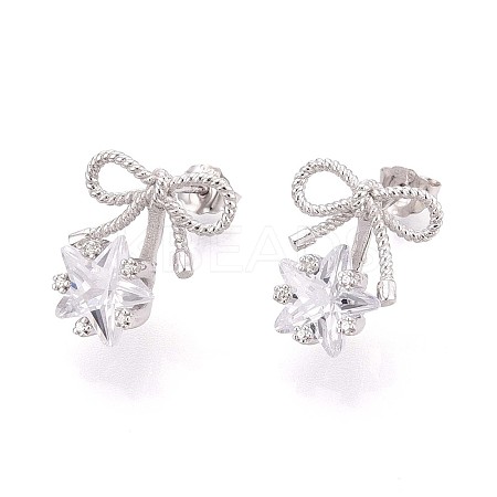 925 Sterling Silver Micro Pave Clear Cubic Zirconia Bowknot with Star Stud Earrings STER-N016-79P-1