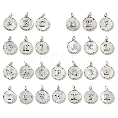 Brass Pave Natural Shell Flat Round with Letter A~Z Charms KK-Z115-13P-1