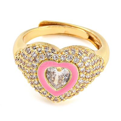 Enamel Heart Adjustable Ring with Clear Cubic Zirconia RJEW-Q781-01G-03-1