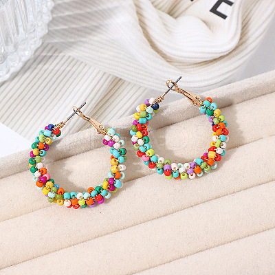 Bohemian Style Iron Glass Seed Beaded Hoop Earrings FS-WG64163-03-1