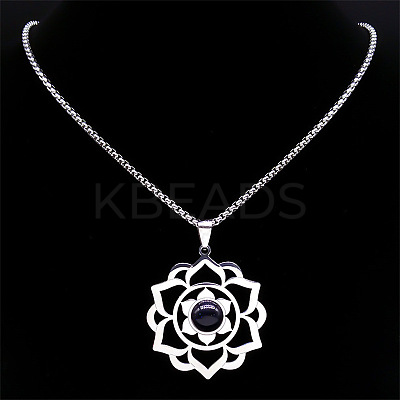 Chakra Lotus Flower 201 Stainless Steel Pave Synthetic Blue Goldstone Pendant Necklaces for Women LS-NJEW-K283-26P-1