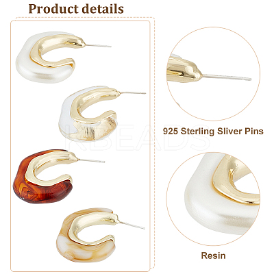 4Pairs 4 Colors Plastic & Resin C-shape Stud Earrings with 925 Sterling Silver Pins EJEW-AN0003-11-1