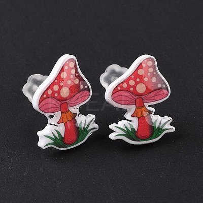 Acrylic Cartoon Mushroom Stud Earrings with Platic Pins for Women EJEW-F293-03E-1