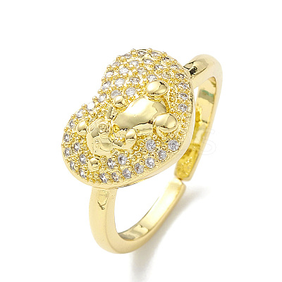 Clear Cubic Zirconia Heart with Bear Cuff Ring RJEW-H135-01G-1