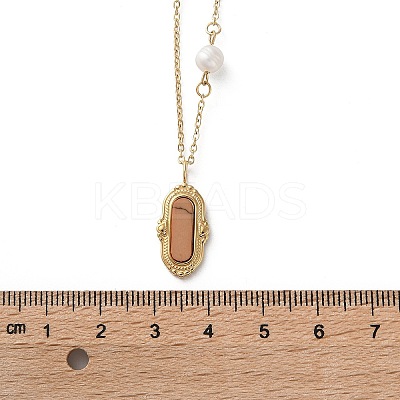 304 Stainless Steel & Natural Pearl & Synthetic Turquoise Oval Pendant Necklaces for Women NJEW-A045-23G-1