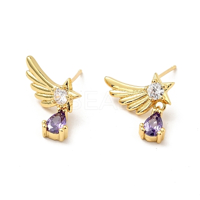 Purple Cubic Zirconia Wing with Teardrop Dangle Stud Earrings EJEW-G297-01G-1