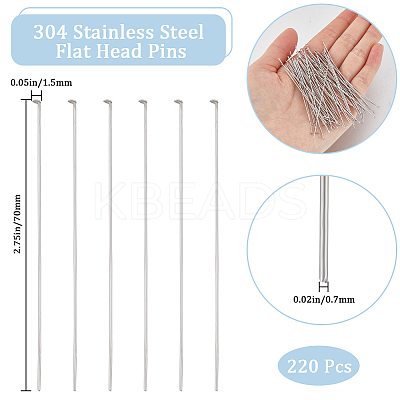 220Pcs 304 Stainless Steel Flat Head Pins STAS-CN0001-64-1