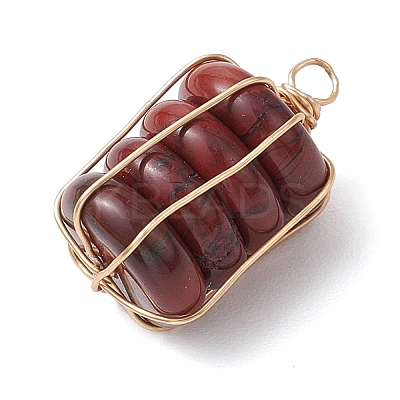 Natural Red Rainbow Jasper/Natural Tiger Eye/Natural Unakite/Natural Blue Spot Jasper/Opalite Copper Wire Wrapped Column Pendants PALLOY-JF02974-1