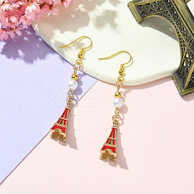 Alloy Enamel Eiffel Tower Dangle Earrings with Imitation Pearl Beaded EJEW-JE05422-05-1