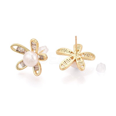 Flower Brass Micro Pave Cubic Zirconia Stud Earrings PEAR-N017-07H-1