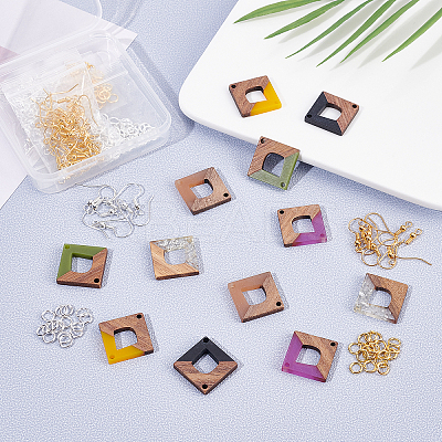 DIY 6 Pairs Rhombus Resin & Walnut Wood Earring Makings DIY-FH0001-94-1