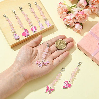 4Pcs October Breast Cancer Pink Awareness Ribbon Alloy Enamel Pendant Decoration HJEW-YW00081-01-1