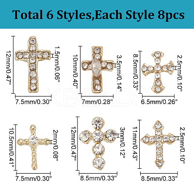 48Pcs 6 Styles Alloy Rhinestone Cross Cabochons DIY-GO0002-01-1