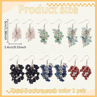 6 Pairs 6 Styles Natural Mixed Gemstone Chips Cluster Earrings EJEW-AN0004-78-1