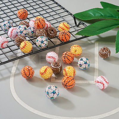 30Pcs 5 Style Basketball & Football & Baseball Pattern Resin Rhinestone Beads RESI-TA0001-77-1
