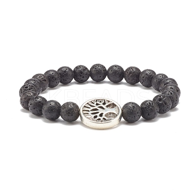 Natural Lava Rock Stretch Bracelet with Tree of Life BJEW-JB07692-1