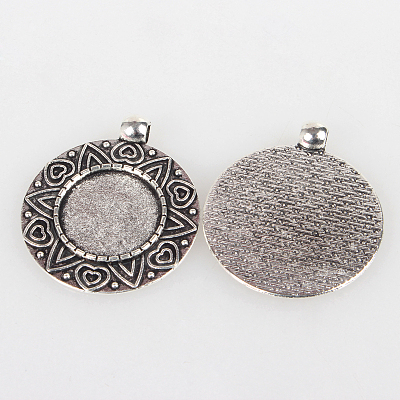 Vintage Tibetan Style Alloy Carved Heart Pendant Cabochon Bezel Settings X-TIBEP-O006-57AS-1