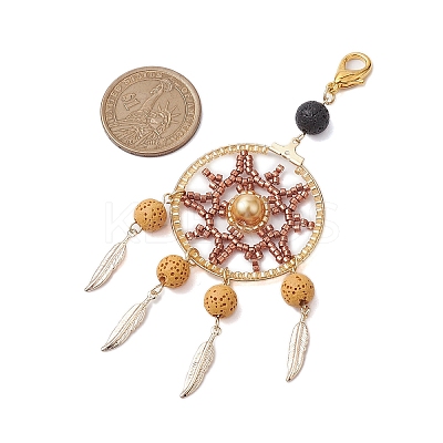 Woven Web/Net with Feather Glass Seed Beads Pendant Decorations HJEW-MZ00074-1