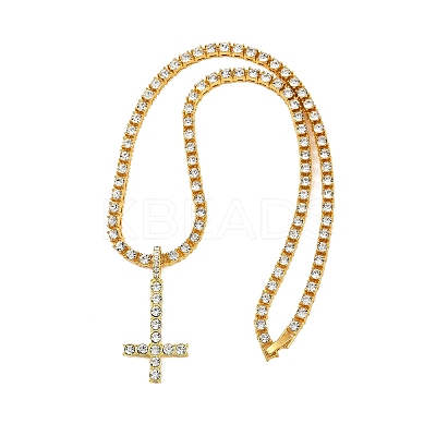 Alloy Full Crystal Rhinestone Christian Inverted Cross Pendant Necklaces NJEW-P333-01G-1